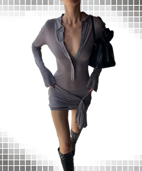 Polo Collar Button-Up Fitted Solid Long Sleeve Bodycon Dress with Tie Waist