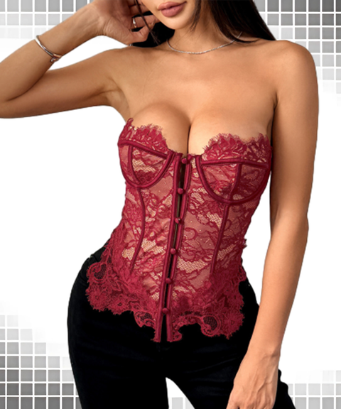 Lace Trim Low-Cut Buttoned Tube Top