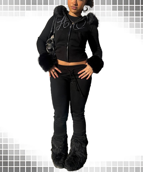 Fuzzy Long Sleeve Zip-Up Hoodie & Rhinestone Letter Jogger Two-Piece Set