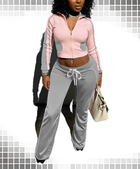 Colorblock Trim Zip-Up Collarless Elastic Waist High-Waist Pants Set