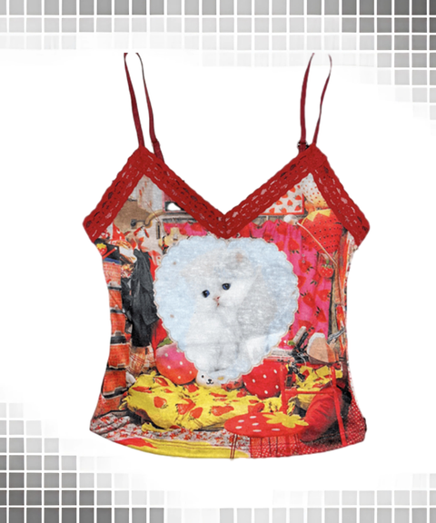 Vintage Cat Print Lace Trim Tank Top