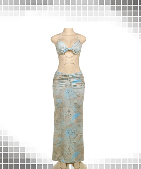 Printed Halter Twist Knot Beaded Chain Waist-Cut Ruched Bodycon Dress