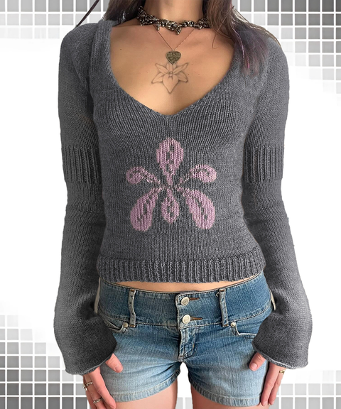 Floral Jacquard V-Neck Casual Long Sleeve Sweater