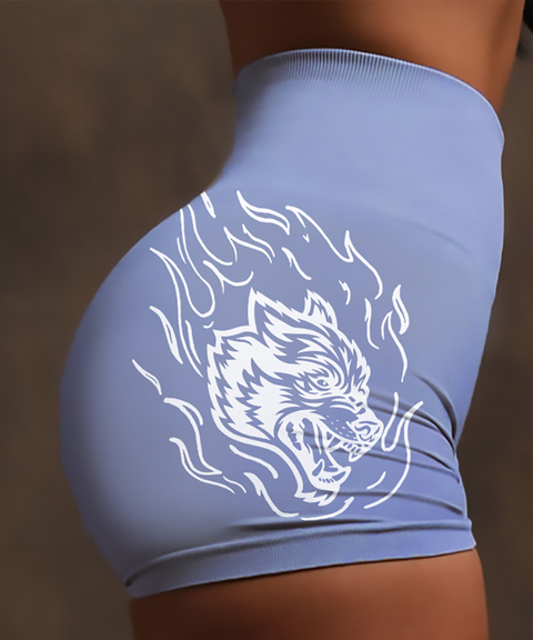 Wolf Head Print Seamless High-Stretch Knit High-Waist Yoga Butt-Lifting Shorts