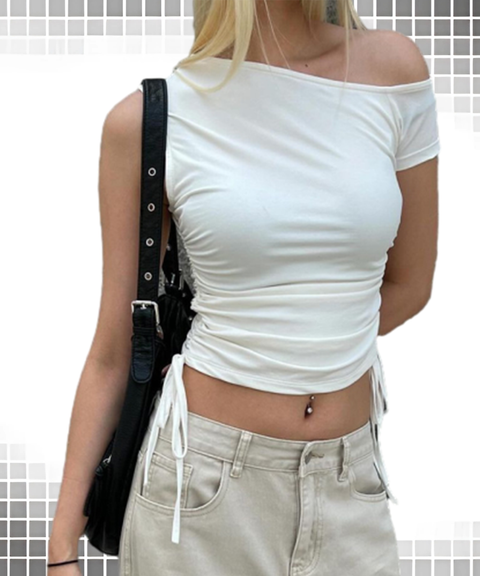 Asymmetric Ruched Drawstring Solid T-Shirt