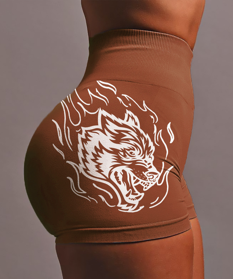 Wolf Head Print Seamless High-Stretch Knit High-Waist Yoga Butt-Lifting Shorts