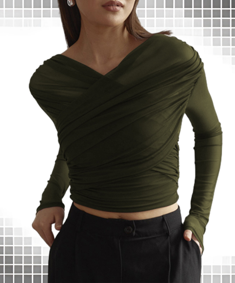 Solid Mesh Sexy Ruched Long Sleeve T-Shirt Top