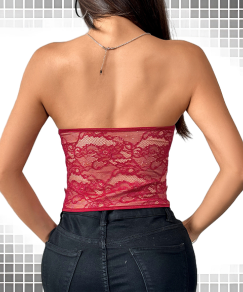 Lace Trim Low-Cut Buttoned Tube Top
