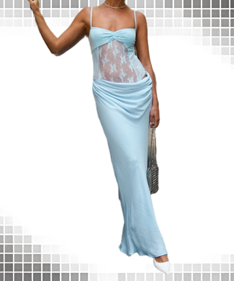 Spaghetti Strap Lace Bodysuit with Draped Fishtail Hem Dress