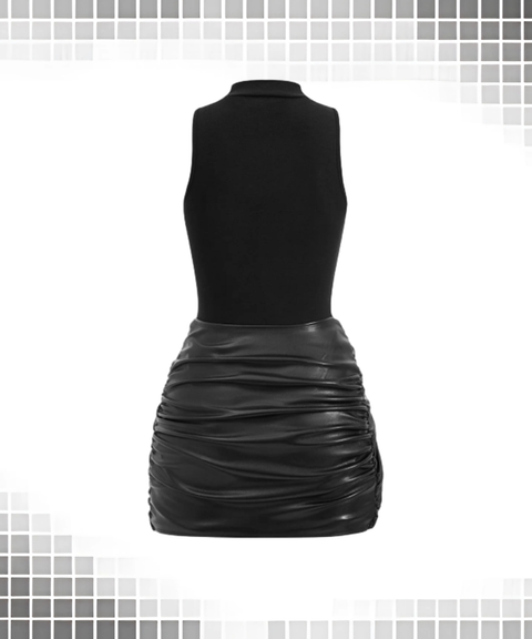 Solid Sleeveless Front Tie PU Trim Dress