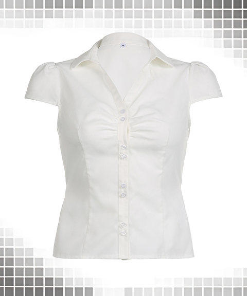 Slim Ruched Button-Up Back Tie Collar Shirt