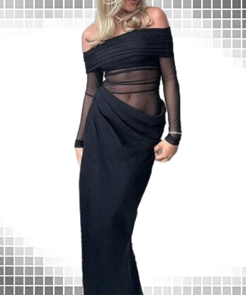 Elegant Sheer Mesh Off-Shoulder Maxi Dress