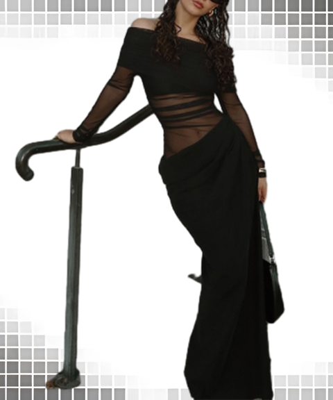 Elegant Sheer Mesh Off-Shoulder Maxi Dress