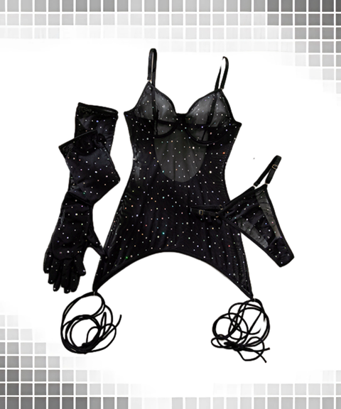 Women’s Sexy Clothing, Sexy Sequin Underwire Sheer Push-Up Slimming Dress with Gloves & Straps, Nightout OOTD