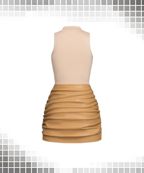Solid Sleeveless Front Tie PU Trim Dress