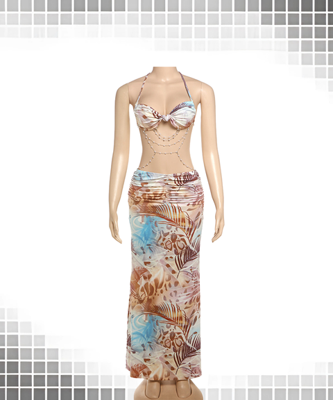 Printed Halter Twist Knot Beaded Chain Waist-Cut Ruched Bodycon Dress