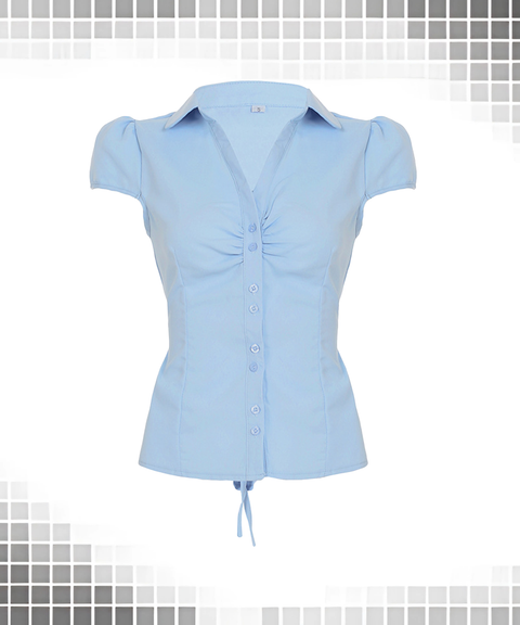 Slim Ruched Button-Up Back Tie Collar Shirt
