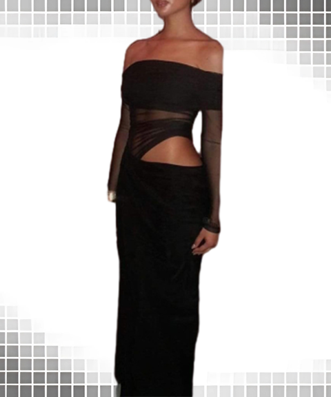 Elegant Sheer Mesh Off-Shoulder Maxi Dress