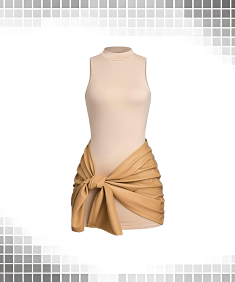 Solid Sleeveless Front Tie PU Trim Dress