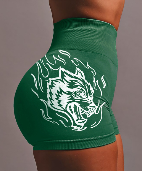 Wolf Head Print Seamless High-Stretch Knit High-Waist Yoga Butt-Lifting Shorts