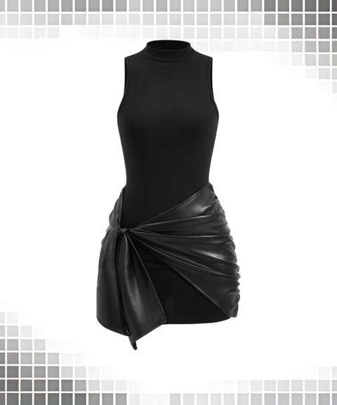 Solid Sleeveless Front Tie PU Trim Dress