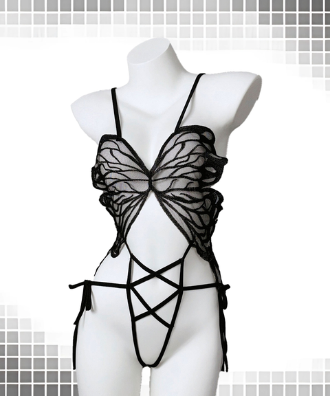 Sexy Hollow-Out Open-Crotch One-Piece with Oversized Bow Tie – Erotic Bondage Style