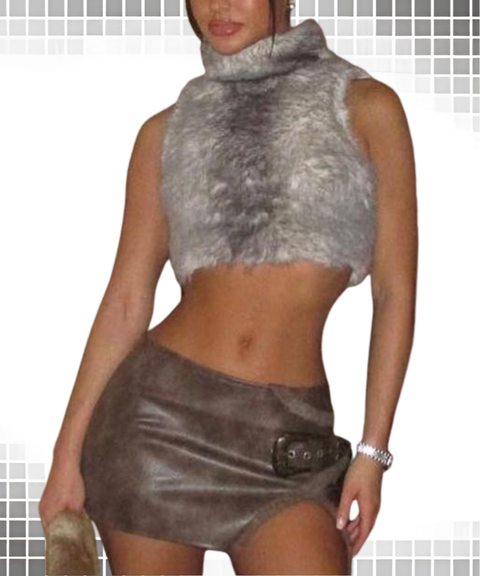 Sexy High-Neck Fuzzy Zip-Up Vest Top