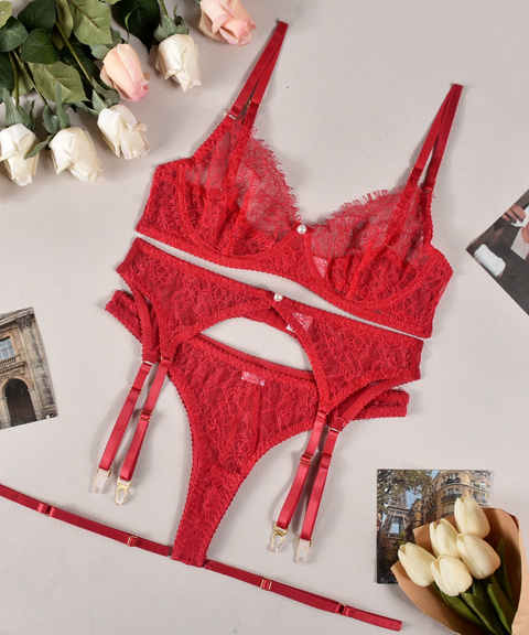 Women's Sexy Clothing,Bra with See-through Lace and Pearl Decoration 4-Piece Lingerie Set, Nightout OOTD