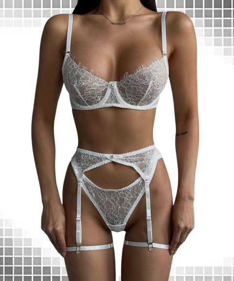 Women's Sexy Clothing,Bra with See-through Lace and Pearl Decoration 4-Piece Lingerie Set, Nightout OOTD