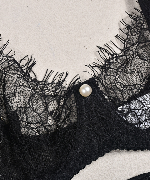 Women's Sexy Clothing,Bra with See-through Lace and Pearl Decoration 4-Piece Lingerie Set, Nightout OOTD
