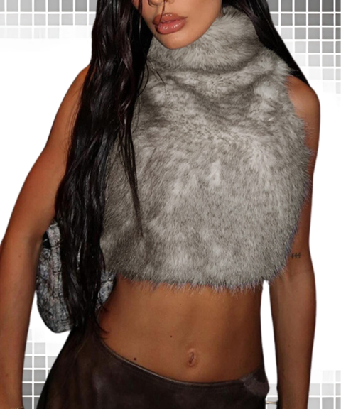 Sexy High-Neck Fuzzy Zip-Up Vest Top