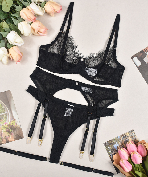 Women's Sexy Clothing,Bra with See-through Lace and Pearl Decoration 4-Piece Lingerie Set, Nightout OOTD