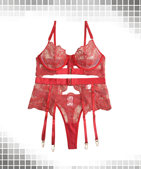 Women's Sexy Clothing,Embroidered bra and metallic lingerie 3-piece set, Nightout OOTD