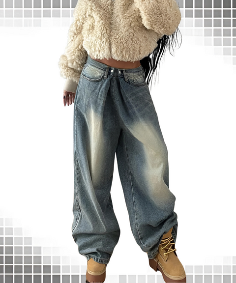Washed Denim Wide-Leg Pants