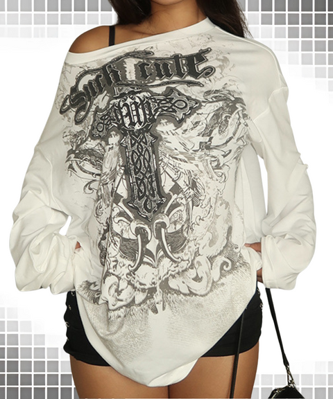 Loose Crewneck Long Sleeve Printed T-Shirt