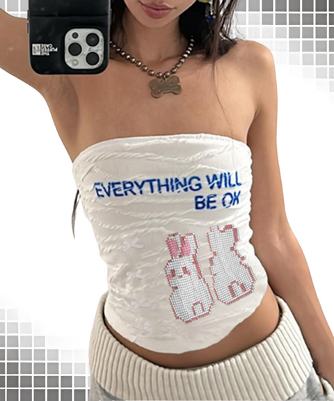 Pixel Cartoon Print Textured Fabric Tube Top