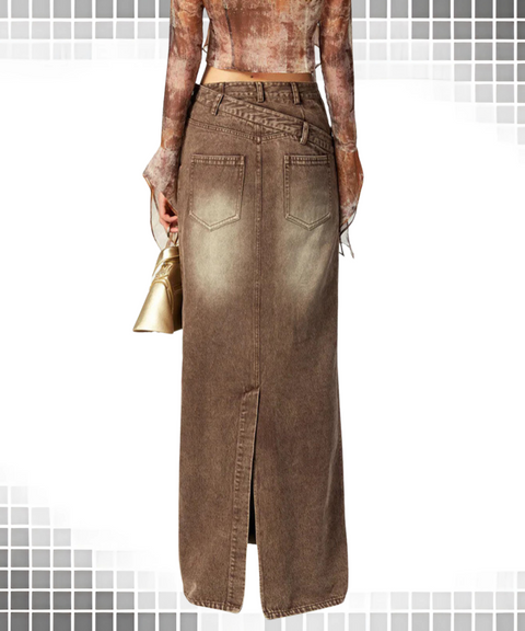 Irregular Waistband Bodycon Denim Maxi Skirt
