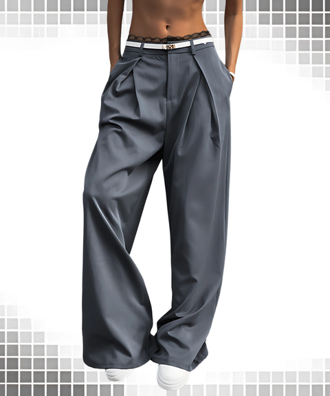 Lace Trim Low-Waist Suit Pants