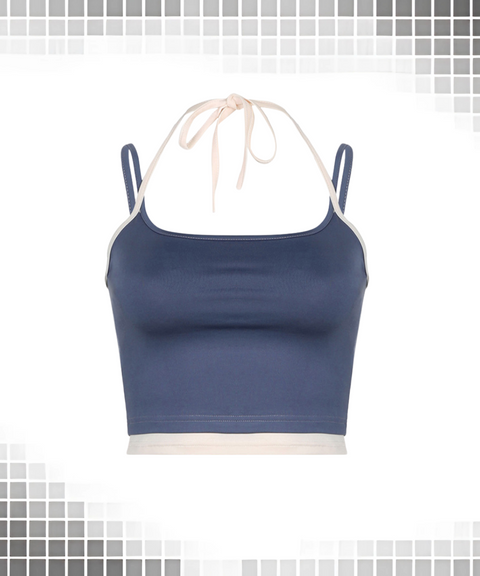 Color-Block Faux Two-Piece Halter Tie Vest