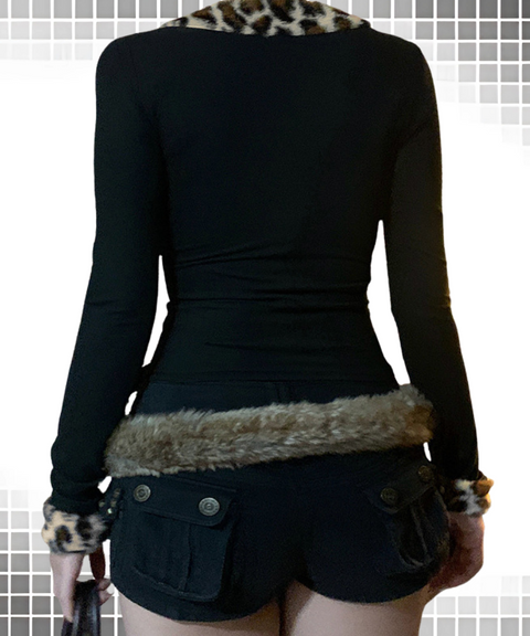 Leopard Patchwork V-Neck Long Sleeve Top