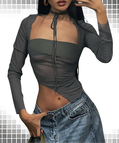 Cropped Mesh Long Sleeve T-Shirt
