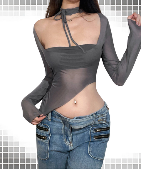 Cropped Mesh Long Sleeve T-Shirt