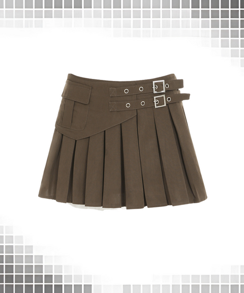 Metal Buckle Pleated Mini Skirt