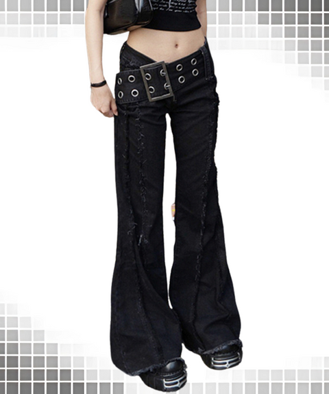 Wide Waistband Metal Buckle Flared Pants