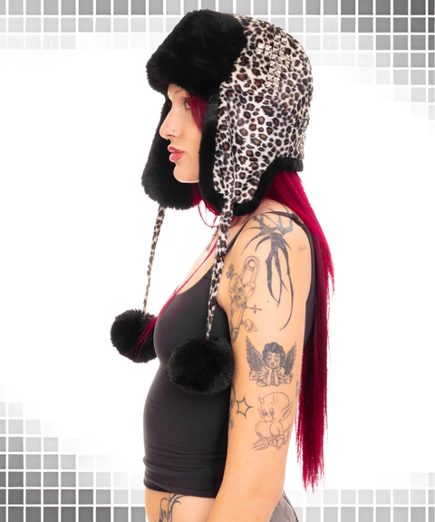 Leopard print cross rhinestone warm Y2K hat