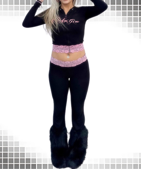 Contrast color lace paneled hooded top and casual sports pants set