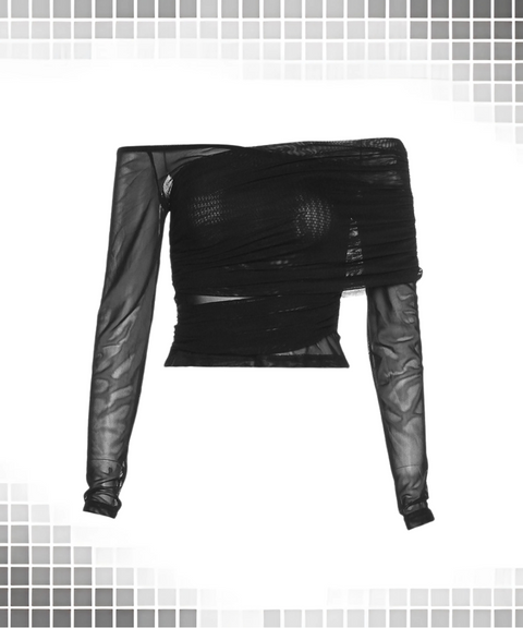 Off-shoulder mesh long-sleeved top