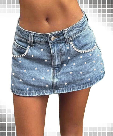 Pearl embellished low-rise denim skirt
