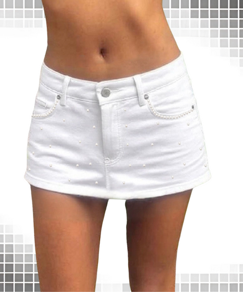Pearl embellished low-rise denim skirt