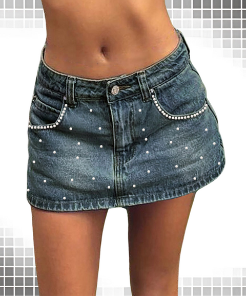 Pearl embellished low-rise denim skirt